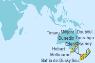 Visitando Sydney (Australia), Eden (Nueva Gales), Melbourne (Australia), Melbourne (Australia), Doubtful Sound (Nueva Zelanda), Dusky Sound (Nueva Zelanda), Milfjord Sound (Nueva Zelanda), Dunedin (Nueva Zelanda), Timaru (Nueva Zelanda), Tauranga (Nueva Zelanda), Bahía de las Islas (Nueva Zelanda), Sydney (Australia), Hobart (Australia), Sydney (Australia)