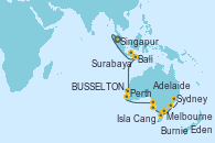 Visitando Singapur, Surabaya (Indonesia), Bali (Indonesia), Perth (Australia), BUSSELTON, AUSTRALIA, Adelaide (Australia), Isla Canguro (Australia), Melbourne (Australia), Melbourne (Australia), Burnie (Tasmania/Australia), Eden (Nueva Gales), Sydney (Australia)