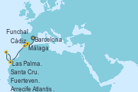 Visitando Barcelona, Málaga, Cádiz (España), Las Palmas de Gran Canaria (España), Funchal (Madeira), Santa Cruz de Tenerife (España), Santa Cruz de Tenerife (España), Fuerteventura (Canarias/España), Arrecife (Lanzarote/España), Atlantis crest Oeste - Experiencia a bordo, Las Palmas de Gran Canaria (España)