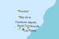 Visitando Las Palmas de Gran Canaria (España), Arrecife (Lanzarote/España), Atlantis crest Oeste - Experiencia a bordo, Santa Cruz de Tenerife (España), Santa Cruz de Tenerife (España), Fuerteventura (Canarias/España), Funchal (Madeira), Mar de las islas Canarias - Experiencia a bordo, Mar de las islas Canarias - Experiencia a bordo, Las Palmas de Gran Canaria (España)