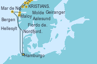 Visitando Hamburgo (Alemania), Maloy (Noruega), KRISTIANSUND, Molde (Noruega), Aalesund (Noruega), Nordfjordeid, Hellesylt (Noruega), Fiordo de Gerinager - Experiencia a bordo, Geiranger (Noruega), Bergen (Noruega), Mar de Noruega - Experiencia a bordo, Hamburgo (Alemania)
