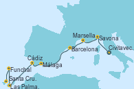 Visitando Civitavecchia (Roma), Savona (Italia), Marsella (Francia), Barcelona, Málaga, Cádiz (España), Las Palmas de Gran Canaria (España), Funchal (Madeira), Santa Cruz de Tenerife (España), Santa Cruz de Tenerife (España)