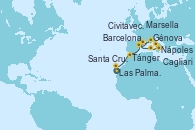 Visitando Las Palmas de Gran Canaria (España), Santa Cruz de Tenerife (España), Tánger (Marruecos), Barcelona, Marsella (Francia), Génova (Italia), Marsella (Francia), Barcelona, Cagliari (Cerdeña), Nápoles (Italia), Civitavecchia (Roma)