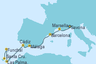 Visitando Savona (Italia), Marsella (Francia), Barcelona, Málaga, Cádiz (España), Las Palmas de Gran Canaria (España), Funchal (Madeira), Santa Cruz de Tenerife (España), Santa Cruz de Tenerife (España)