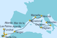 Visitando Santa Cruz de Tenerife (España), Santa Cruz de Tenerife (España), Arrecife (Lanzarote/España), Atlantis crest Oeste - Experiencia a bordo, Funchal (Madeira), Mar de las islas Canarias - Experiencia a bordo, Las Palmas de Gran Canaria (España), Santa Cruz de Tenerife (España), Tánger (Marruecos), Barcelona, Marsella (Francia), Génova (Italia), Marsella (Francia), Barcelona, Cagliari (Cerdeña), Nápoles (Italia), Civitavecchia (Roma)