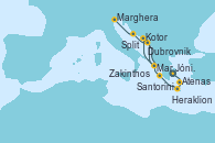 Visitando Atenas (Grecia), Santorini (Grecia), Heraklion (Creta), Zakinthos (Grecia), Mar Jónico - Experiencia a bordo, Mar Jónico - Experiencia a bordo, Kotor (Montenegro), Dubrovnik (Croacia), Split (Croacia), Marghera (Venecia/Italia)