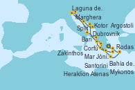 Visitando Atenas (Grecia), Santorini (Grecia), Heraklion (Creta), Zakinthos (Grecia), Mar Jónico - Experiencia a bordo, Mar Jónico - Experiencia a bordo, Kotor (Montenegro), Dubrovnik (Croacia), Split (Croacia), Marghera (Venecia/Italia), Laguna de Venecia - Experiencia a bordo, Bari (Italia), Corfú (Grecia), Argostoli (Grecia), Bahía de Souda (Grecia), Rodas (Grecia), Mykonos (Grecia), Atenas (Grecia)