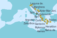 Visitando Bari (Italia), Corfú (Grecia), Argostoli (Grecia), Bahía de Souda (Grecia), Rodas (Grecia), Mykonos (Grecia), Atenas (Grecia), Santorini (Grecia), Heraklion (Creta), Zakinthos (Grecia), Mar Jónico - Experiencia a bordo, Mar Jónico - Experiencia a bordo, Kotor (Montenegro), Dubrovnik (Croacia), Split (Croacia), Marghera (Venecia/Italia), Laguna de Venecia - Experiencia a bordo, Bari (Italia)