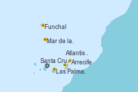 Visitando Santa Cruz de Tenerife (España), Arrecife (Lanzarote/España), Arrecife (Lanzarote/España), Funchal (Madeira), Mar de las islas Canarias - Experiencia a bordo, Mar de las islas Canarias - Experiencia a bordo, Las Palmas de Gran Canaria (España), Arrecife (Lanzarote/España), Atlantis crest Oeste - Experiencia a bordo, Santa Cruz de Tenerife (España), Santa Cruz de Tenerife (España)