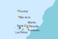 Visitando Santa Cruz de Tenerife (España), Fuerteventura (Canarias/España), Funchal (Madeira), Mar de las islas Canarias - Experiencia a bordo, Mar de las islas Canarias - Experiencia a bordo, Las Palmas de Gran Canaria (España), Arrecife (Lanzarote/España), Atlantis crest Oeste - Experiencia a bordo, Santa Cruz de Tenerife (España), Santa Cruz de Tenerife (España)