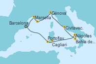 Visitando Barcelona, Portoflavia & Carloforte - Experiencia a bordo, Cagliari (Cerdeña), Nápoles (Italia), Bahía de Capri - Experiencia a bordo, Civitavecchia (Roma), Génova (Italia), Bahía de las Calanques - Experiencia a bordo, Marsella (Francia), Barcelona