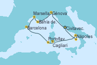 Visitando Civitavecchia (Roma), Génova (Italia), Bahía de las Calanques - Experiencia a bordo, Marsella (Francia), Barcelona, Portoflavia & Carloforte - Experiencia a bordo, Cagliari (Cerdeña), Nápoles (Italia), Bahía de Capri - Experiencia a bordo, Civitavecchia (Roma)