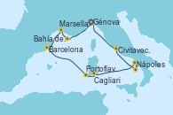 Visitando Génova (Italia), Bahía de las Calanques - Experiencia a bordo, Marsella (Francia), Barcelona, Portoflavia & Carloforte - Experiencia a bordo, Cagliari (Cerdeña), Nápoles (Italia), Bahía de Capri - Experiencia a bordo, Civitavecchia (Roma), Génova (Italia)