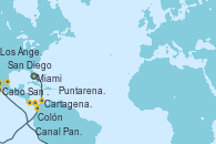 Visitando Miami (Florida/EEUU), Cartagena de Indias (Colombia), Colón (Panamá), Canal Panamá, Canal Panamá, Puntarenas (Costa Rica), Cabo San Lucas (México), San Diego (California/EEUU), Los Ángeles (California)