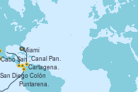 Visitando Miami (Florida/EEUU), Cartagena de Indias (Colombia), Colón (Panamá), Canal Panamá, Canal Panamá, Puntarenas (Costa Rica), Cabo San Lucas (México), San Diego (California/EEUU)