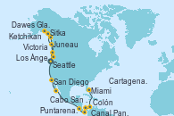 Visitando Seattle (Washington/EEUU), Ketchikan (Alaska), Sitka (Alaska), Dawes Glacier, Alaska, Juneau (Alaska), Victoria (Canadá), Seattle (Washington/EEUU), Los Ángeles (California), San Diego (California/EEUU), Cabo San Lucas (México), Puntarenas (Costa Rica), Canal Panamá, Canal Panamá, Colón (Panamá), Cartagena de Indias (Colombia), Miami (Florida/EEUU)