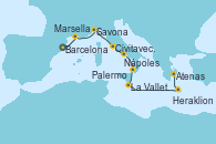 Visitando Barcelona, Marsella (Francia), Savona (Italia), Civitavecchia (Roma), Nápoles (Italia), Palermo (Italia), La Valletta (Malta), Heraklion (Creta), Atenas (Grecia)
