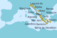 Visitando Bari (Italia), Corfú (Grecia), Argostoli (Grecia), Bahía de Souda (Grecia), Rodas (Grecia), Mykonos (Grecia), Atenas (Grecia), Santorini (Grecia), Heraklion (Creta), Zakinthos (Grecia), Mar Jónico - Experiencia a bordo, Mar Jónico - Experiencia a bordo, Kotor (Montenegro), Zadar (Croacia), Rijeka (Croacia), Marghera (Venecia/Italia), Laguna de Venecia - Experiencia a bordo, Bari (Italia)
