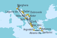 Visitando Marghera (Venecia/Italia)Laguna de Venecia - Experiencia a bordo, Bari (Italia), Abismo de Calipso - Experiencia a bordo, Abismo de Calipso - Experiencia a bordo, Santorini (Grecia), Mykonos (Grecia), Argostoli (Grecia), Mar Jónico - Experiencia a bordo, Mar Jónico - Experiencia a bordo, Marghera (Venecia/Italia), Laguna de Venecia - Experiencia a bordo, Bari (Italia), Dubrovnik (Croacia), Corfú (Grecia), Mar Jónico - Experiencia a bordo, Mar Jónico - Experiencia a bordo, Kotor (Montenegro), Split (Croacia), Islas Kornati (Croacia), Zadar (Croacia), Marghera (Venecia/Italia)
