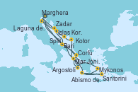 Visitando Marghera (Venecia/Italia)Laguna de Venecia - Experiencia a bordo, Bari (Italia), Abismo de Calipso - Experiencia a bordo, Abismo de Calipso - Experiencia a bordo, Santorini (Grecia), Mykonos (Grecia), Argostoli (Grecia), Mar Jónico - Experiencia a bordo, Mar Jónico - Experiencia a bordo, Marghera (Venecia/Italia), Laguna de Venecia - Experiencia a bordo, Bari (Italia), Corfú (Grecia), Mar Jónico - Experiencia a bordo, Mar Jónico - Experiencia a bordo, Argostoli (Grecia), Kotor (Montenegro), Split (Croacia), Islas Kornati (Croacia), Zadar (Croacia), Marghera (Venecia/Italia)