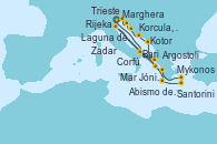 Visitando Marghera (Venecia/Italia)Laguna de Venecia - Experiencia a bordo, Bari (Italia), Abismo de Calipso - Experiencia a bordo, Abismo de Calipso - Experiencia a bordo, Santorini (Grecia), Mykonos (Grecia), Argostoli (Grecia), Mar Jónico - Experiencia a bordo, Mar Jónico - Experiencia a bordo, Marghera (Venecia/Italia), Laguna de Venecia - Experiencia a bordo, Bari (Italia), Corfú (Grecia), Kotor (Montenegro), Korcula, Croatia, Zadar (Croacia), Rijeka (Croacia), Trieste (Italia)