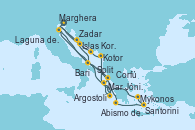 Visitando Marghera (Venecia/Italia)Laguna de Venecia - Experiencia a bordo, Bari (Italia), Corfú (Grecia), Mar Jónico - Experiencia a bordo, Mar Jónico - Experiencia a bordo, Argostoli (Grecia), Kotor (Montenegro), Split (Croacia), Islas Kornati (Croacia), Zadar (Croacia), Marghera (Venecia/Italia), Laguna de Venecia - Experiencia a bordo, Bari (Italia), Abismo de Calipso - Experiencia a bordo, Abismo de Calipso - Experiencia a bordo, Santorini (Grecia), Mykonos (Grecia), Argostoli (Grecia), Mar Jónico - Experiencia a bordo, Mar Jónico - Experiencia a bordo, Marghera (Venecia/Italia)