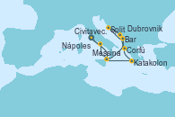 Visitando Civitavecchia (Roma), Messina (Sicilia), Katakolon (Olimpia/Grecia), Corfú (Grecia), Bar ( Montenegro), Split (Croacia), Dubrovnik (Croacia), Nápoles (Italia), Civitavecchia (Roma)