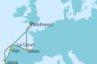 Visitando Southampton (Inglaterra), Bilbao (España), Lisboa (Portugal), Vigo (España), La Coruña (Galicia/España), Southampton (Inglaterra)