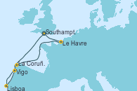 Visitando Southampton (Inglaterra), Vigo (España), Lisboa (Portugal), La Coruña (Galicia/España), Le Havre (Francia), Southampton (Inglaterra)