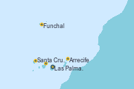 Visitando Las Palmas de Gran Canaria (España), Santa Cruz de la Palma (España), Santa Cruz de Tenerife (España), Funchal (Madeira), Funchal (Madeira), Arrecife (Lanzarote/España), Las Palmas de Gran Canaria (España)