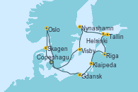 Visitando Copenhague (Dinamarca), Skagen (Dinamarca), Oslo (Noruega), Gdansk (Polonia), Klaipeda (Lituania), Riga (Letonia), Tallin (Estonia), Helsinki (Finlandia), Nynashamn (Suecia), Visby (Suecia), Copenhague (Dinamarca)