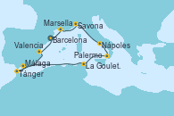 Visitando Barcelona, Marsella (Francia), Savona (Italia), Nápoles (Italia), Palermo (Italia), La Goulette (Tunez), Tánger (Marruecos), Málaga, Valencia, Barcelona