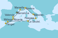 Visitando Barcelona, Marsella (Francia), Savona (Italia), Nápoles (Italia), Palermo (Italia), La Goulette (Tunez), Tánger (Marruecos), Málaga, Alicante (España), Valencia, Barcelona