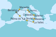Visitando Barcelona, Marsella (Francia), Livorno, Pisa y Florencia (Italia), Civitavecchia (Roma), Salerno (Italia), Messina (Sicilia), La Valletta (Malta), La Goulette (Tunez), Palma de Mallorca (España), Barcelona