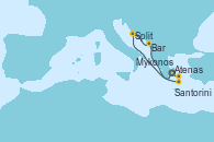 Visitando Atenas (Grecia), Split (Croacia), Bar ( Montenegro), Santorini (Grecia), Mykonos (Grecia), Atenas (Grecia)