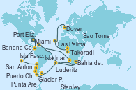 Visitando Miami (Florida/EEUU), Fuerte Amador (Panamá), Fuerte Amador (Panamá), Guayaquil (Ecuador), Banana Coast (Trujillo/Honduras), Lima (Callao/Perú), Lima (Callao/Perú), Lima (Callao/Perú), Pisco (Perú), Isla Pascua (Chile), Isla Pascua (Chile), Isla Robinson Crusoe (Chile), Santa Clara Island (Chile), San Antonio (Chile), Puerto Montt (Chile), Castro (Chile), Puerto Chacabuco (Chile), Cruceros panorámicos por el Canal Ancho, Cruceros panorámicos en el fiordo Eyre, Glaciar Pio XI (Chile), Cruceros panorámicos en el fiordo de Peel, Glaciar Brujo, Chile, Punta Arenas (Chile), Garibaldi Glacier, Chile, Ushuaia (Argentina), Stanley (Malvinas), Stanley (Malvinas), Stanley (Malvinas), Montevideo (Uruguay), Buenos aires, Buenos aires, Isla Inaccesible (Reino Unido), Tristan da Cunha (Oceano Atlantico), Islas Nightingale (Santa Helena), Bahía de Richards (Sudáfrica), Maputo (Mozambique), Durban (Sudáfrica), Port Elizabeth (San Vicente y Granadinas), Mossel Bay (Sudáfrica), Ciudad del Cabo (Sudáfrica), Ciudad del Cabo (Sudáfrica), Luderitz (Namibia), Walvis Bay (Namibia), Walvis Bay (Namibia), Luanda (Angola), Sao Tome (Bon Bon Islands), Cotonou (Benin), Tema (Ghana), Takoradi (Ghana), Dakar (Senegal), Mindelo (Cabo Verde), Las Palmas de Gran Canaria (España), Arrecife (Lanzarote/España), Casablanca (Marruecos), Tánger (Marruecos), Cádiz (España), Lisboa (Portugal), Puerto Leixões (Portugal), La Coruña (Galicia/España), Saint Malo (Francia), Cherbourg (Francia), Rouen (Francia), Rouen (Francia), Dover (Inglaterra)
