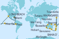 Visitando Miami (Florida/EEUU), Guayaquil (Ecuador), Puerto Bolívar, Machala (Ecuador), Lima (Callao/Perú), Lima (Callao/Perú), Pisco (Perú), Iquique (Chile), Isla Pascua (Chile), Isla Pascua (Chile), Nuku Hiva (Polinesia Francesa), Hiva Oa (Islas Marquesas/Polinesia Francesa), Fakarava (Polinesia Francesa), Rangiroa (Polinesia Francesa), Papeete (Tahití), Papeete (Tahití), BAHIA D' OPUNOHA, MOOREA, Bora Bora (Polinesia), Arutanga (Aitutaki, Islas Cook), Nukualofa (Tongatapu), WHANGAREI, NUEVA ZELANDA, Auckland (Nueva Zelanda), Tauranga (Nueva Zelanda), Napier (Nueva Zelanda), Wellington (Nueva Zelanda), Picton (Australia), Kaikoura (Nueva Zelanda), Akaroa (Nueva Zelanda), Timaru (Nueva Zelanda), Port Chalmers (Nueva Zelanda), OBAN (HALFMOON BAY), Sydney (Australia), Sydney (Australia), Hobart (Australia), Hobart (Australia), Burnie (Tasmania/Australia), Melbourne (Australia), Adelaide (Australia), Isla Canguro (Australia), WALLAROO, Port Lincoln (Australia), Albany (Australia), Busselton (Australia), Perth (Australia), Geraldton (Australia), Exmouth (Australia), Broome (Australia), Darwin (Australia), Darwin (Australia), Alotau (Pupúa Nueva Guinea), Cairns (Australia), Cairns (Australia), Townsville, AIRLIE BEACH, Brisbane (Australia), Caracas, Venezuela, Nouméa (Nueva Caledonia), Isla Mystery (Vanuatu), Lautoka (Fiyi), Suva (Fiyi), Savusavu (Islas Fidji), Apia (Samoa), Honolulu (Hawái), Kailua Kona (Hawai/EEUU), LONG BEACH, Puerto Vallarta (México), Huatulco (México), Puerto Chiapas (México), Puerto Quetzal (Guatemala), Punta Arenas (Chile), Cartagena de Indias (Colombia), Miami (Florida/EEUU)