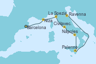 Visitando Barcelona, Niza (Francia), La Spezia, Florencia y Pisa (Italia), Civitavecchia (Roma), Nápoles (Italia), Palermo (Italia), Ravenna (Italia) Visitando Barcelona, Niza (Francia), La Spezia, Florencia y Pisa (Italia), Civitavecchia (Roma), Nápoles (Italia), Palermo (Italia), Ravenna (Italia)
