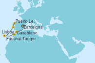 Visitando Barcelona, Tánger (Marruecos), Casablanca (Marruecos), Funchal (Madeira), Funchal (Madeira), Puerto Leixões (Portugal), Lisboa (Portugal)