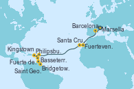 Visitando Marsella (Francia), Barcelona, Fuerteventura (Canarias/España), Santa Cruz de Tenerife (España), Philipsburg (St. Maarten), Basseterre (Antillas), Kingstown (Granadinas), Bridgetown (Barbados), Saint George (Grenada), Fuerte de France (Martinica)