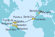 Visitando Marsella (Francia), Barcelona, Fuerteventura (Canarias/España), Santa Cruz de Tenerife (España), Philipsburg (St. Maarten), Basseterre (Antillas), Kingstown (Granadinas), Bridgetown (Barbados), Saint George (Grenada), Fuerte de France (Martinica), Pointe a Pitre (Guadalupe)