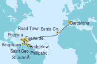 Visitando Bridgetown (Barbados), Saint George (Grenada), Kingstown (Granadinas), Fuerte de France (Martinica), Pointe a Pitre (Guadalupe), Philipsburg (St. Maarten), Road Town (Isla Tórtola/Islas Vírgenes), St. John´s (Antigua y Barbuda), Santa Cruz de Tenerife (España), Barcelona