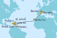 Visitando Fuerte de France (Martinica), Pointe a Pitre (Guadalupe), Philipsburg (St. Maarten), Road Town (Isla Tórtola/Islas Vírgenes), St. John´s (Antigua y Barbuda), Santa Cruz de Tenerife (España), Barcelona, Marsella (Francia)