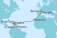 Visitando Pointe a Pitre (Guadalupe), Philipsburg (St. Maarten), Road Town (Isla Tórtola/Islas Vírgenes), St. John´s (Antigua y Barbuda), Santa Cruz de Tenerife (España), Barcelona, Marsella (Francia)