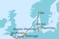 Visitando Southampton (Inglaterra), Le Havre (Francia), Zeebrugge (Bruselas), Ijmuiden (Ámsterdam), Oslo (Noruega), Aarhus (Dinamarca), Warnemunde (Alemania), Copenhague (Dinamarca), Copenhague (Dinamarca)