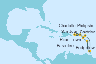 Visitando San Juan (Puerto Rico), Road Town (Isla Tórtola/Islas Vírgenes), Philipsburg (St. Maarten), Bridgetown (Barbados), Castries (Santa Lucía/Caribe), Basseterre (Antillas), Charlotte Amalie (St. Thomas), San Juan (Puerto Rico)