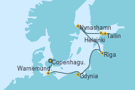 Visitando Copenhague (Dinamarca), Warnemunde (Alemania), Gdynia (Polonia), Riga (Letonia), Nynashamn (Suecia), Tallin (Estonia), Helsinki (Finlandia)