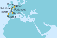 Visitando Lisboa (Portugal), Puerto Leixões (Portugal), Bilbao (España), Biarritz (Francia), Saint Malo (Francia), Portsmouth (Inglaterra), Dover (Inglaterra)
