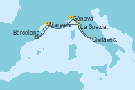 Visitando Barcelona, Marsella (Francia), Génova (Italia), Civitavecchia (Roma), La Spezia, Florencia y Pisa (Italia), Marsella (Francia), Barcelona