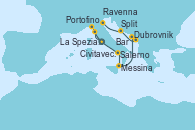 Visitando Civitavecchia (Roma), La Spezia, Florencia y Pisa (Italia), Portofino (Italia), Salerno (Italia), Messina (Sicilia), Dubrovnik (Croacia), Bar ( Montenegro), Split (Croacia), Ravenna (Italia)